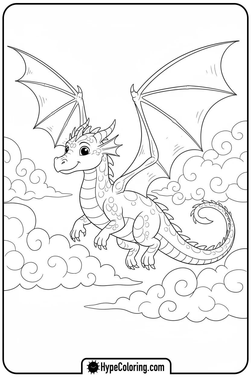 dragon-flying-through-clouds - dragon coloring sheet
