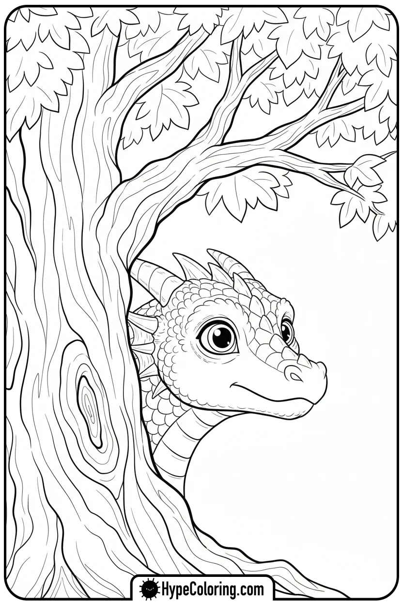 dragon-peeking-from-tree - dragon coloring sheet