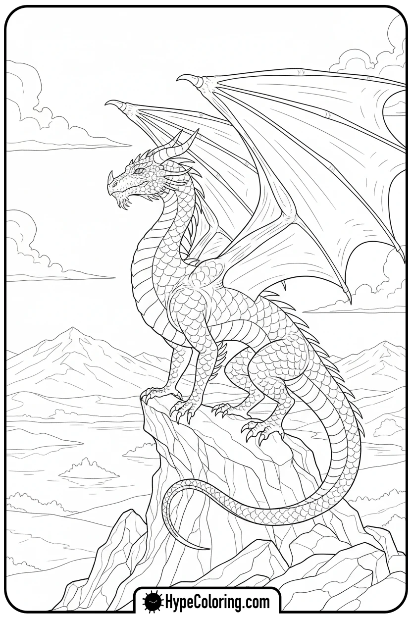 dragon-on-rocky-outcrop - dragon coloring sheet