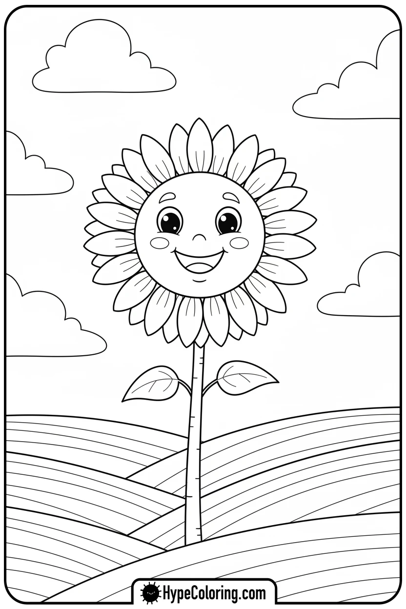 smiling-sunflower-in-a-field - flower coloring sheets