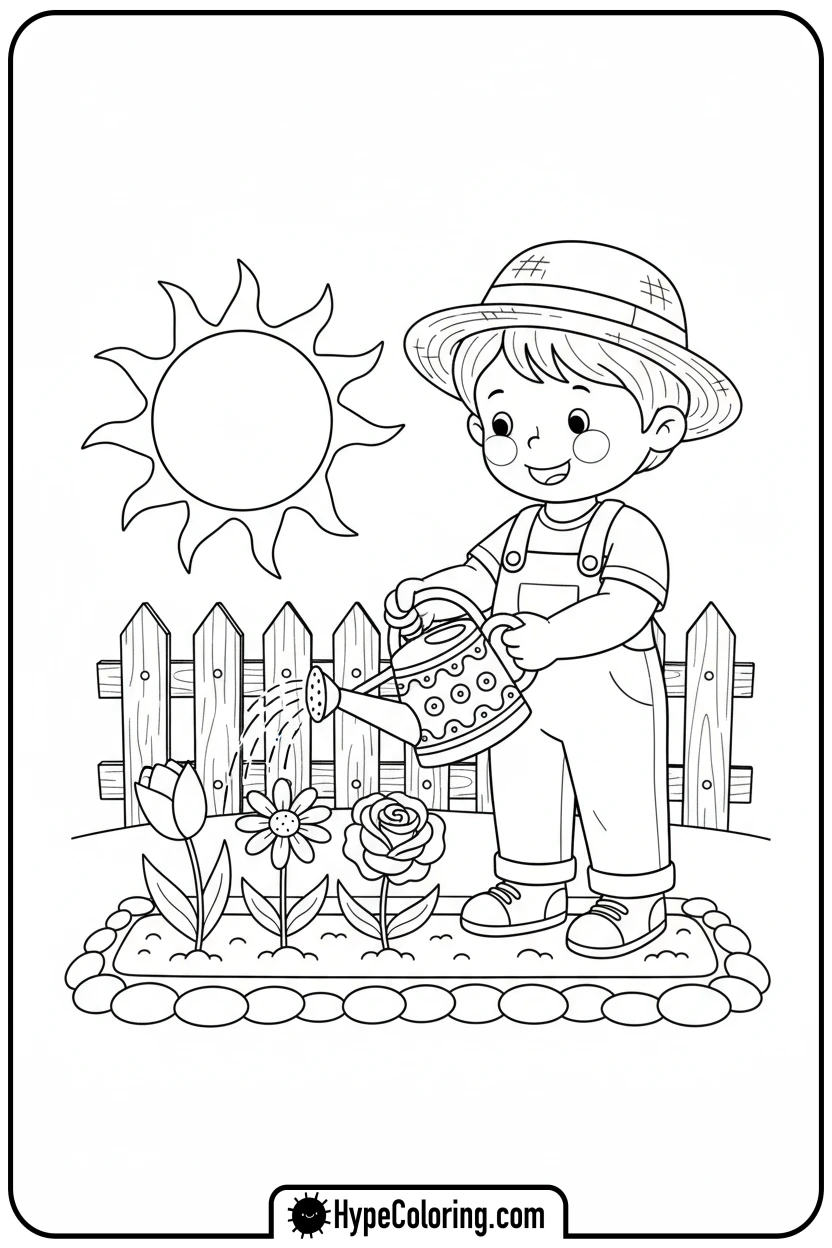 child-watering-flowers - flower coloring sheets