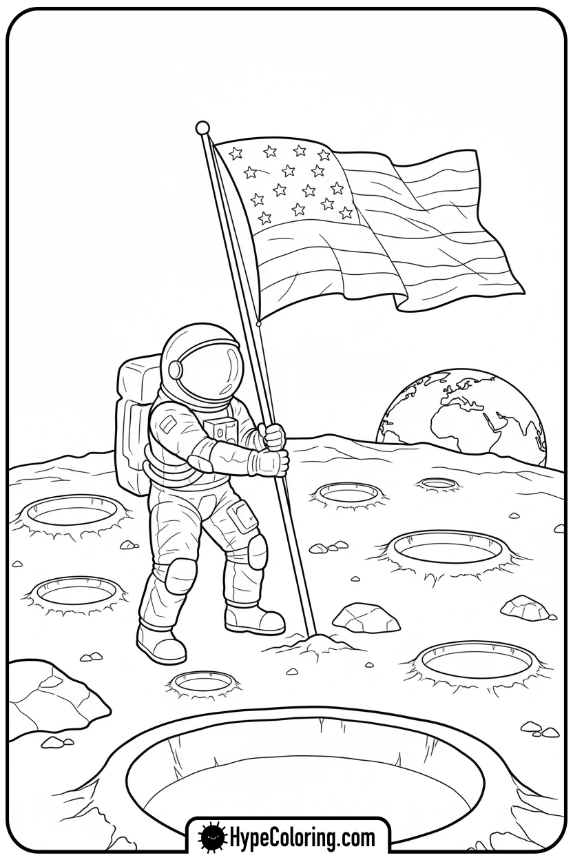 astronaut-planting-flag-on-moon - space coloring pages