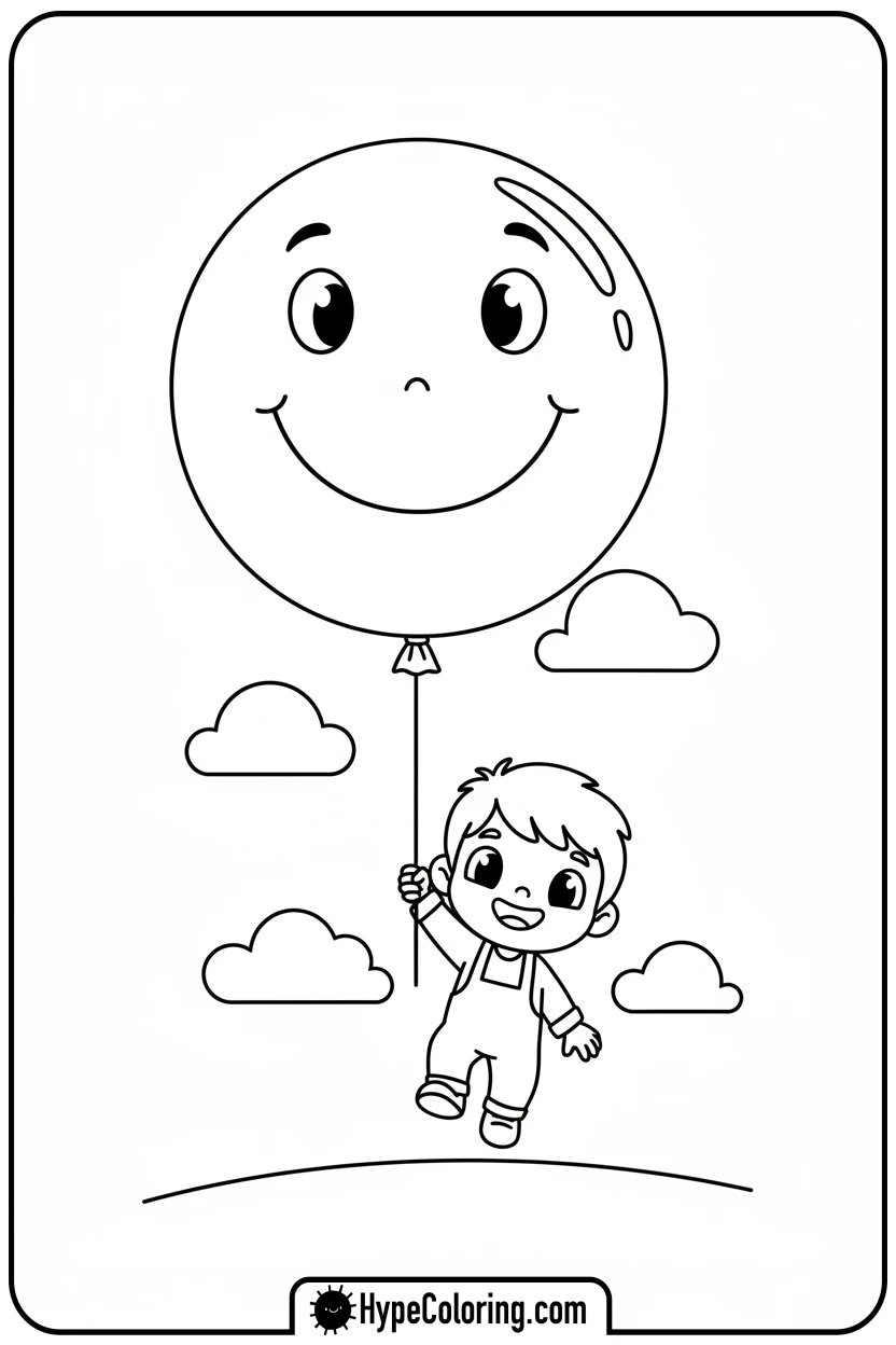 character-holding-giant-happy-balloon - bold and easy coloring pages