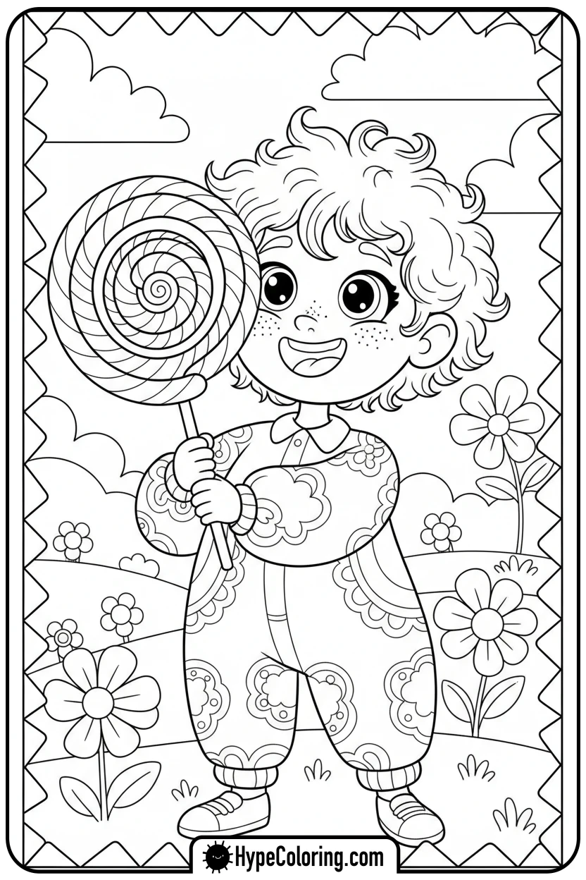 character-holding-a-giant-lollipop - bold and easy coloring pages