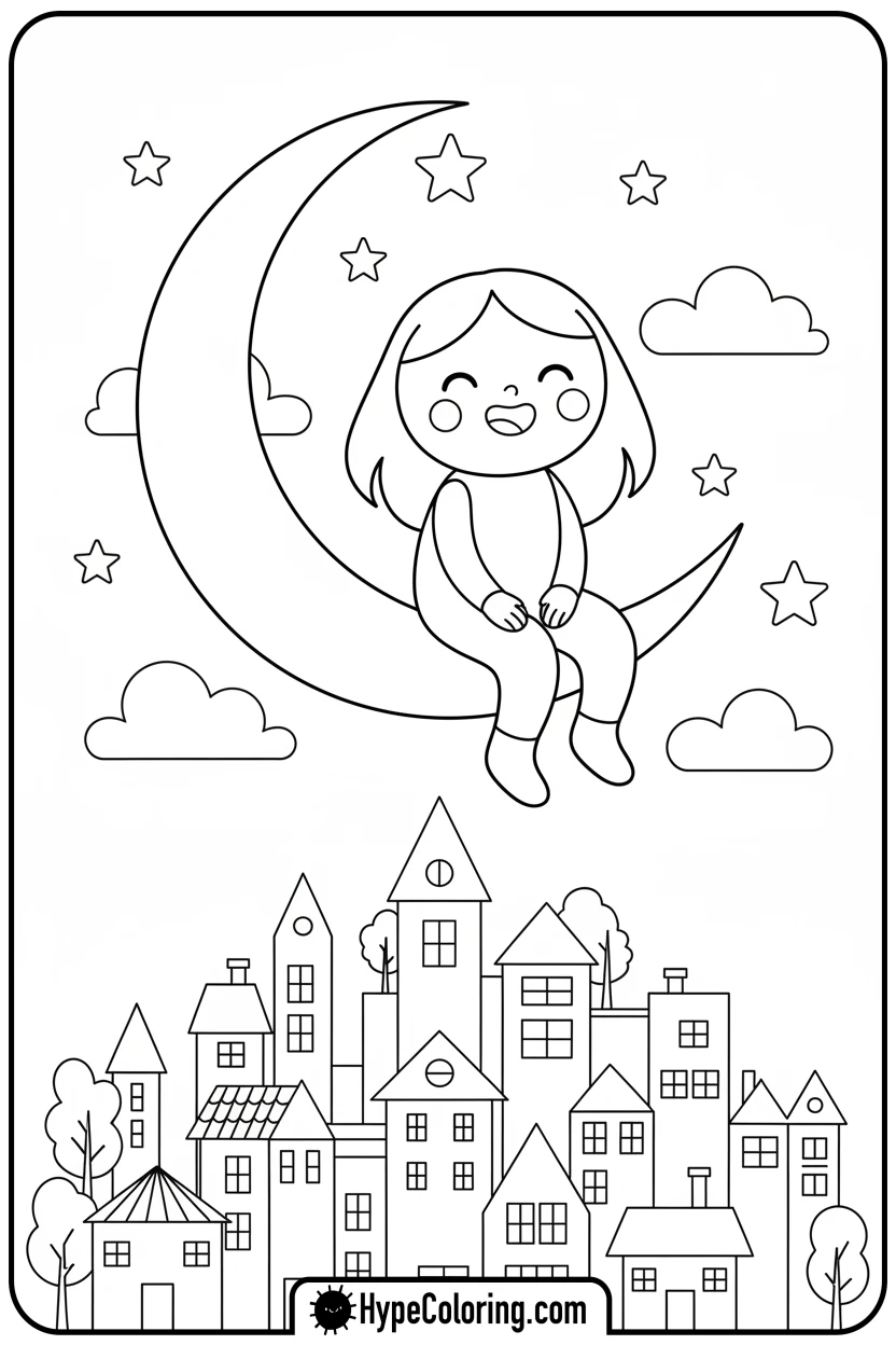 character-sitting-on-moon - bold and easy coloring pages