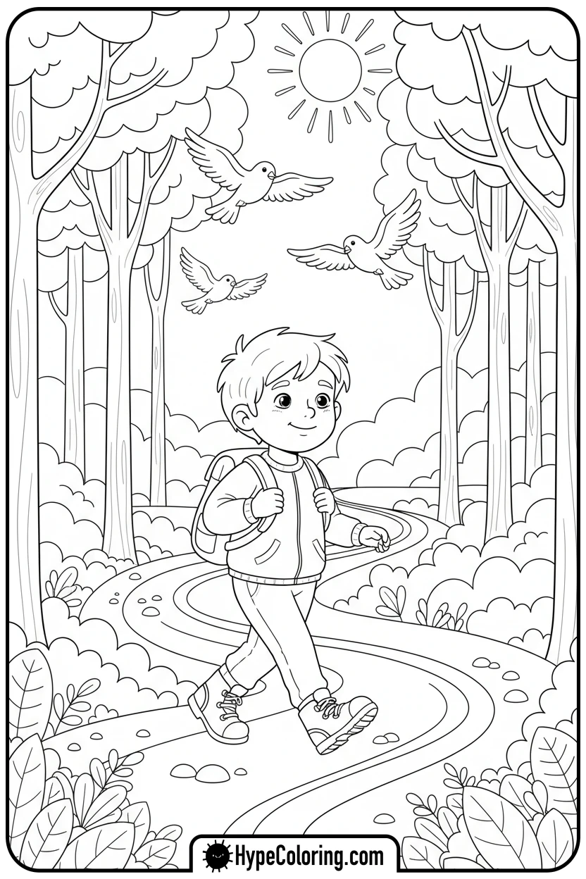 child-hiking-on-a-trail - camping coloring pages