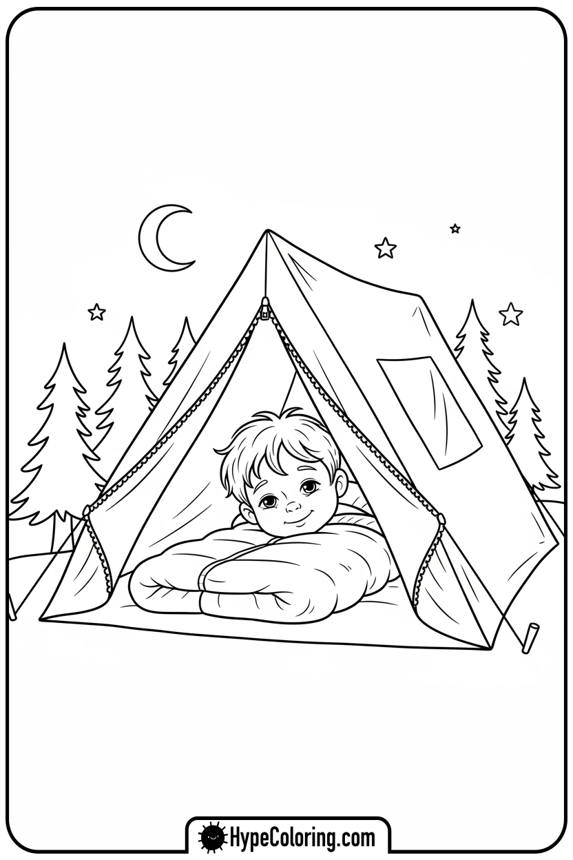child-peeking-from-tent - camping coloring pages