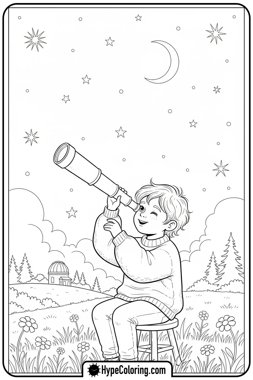 child-stargazing-with-telescope - camping coloring pages