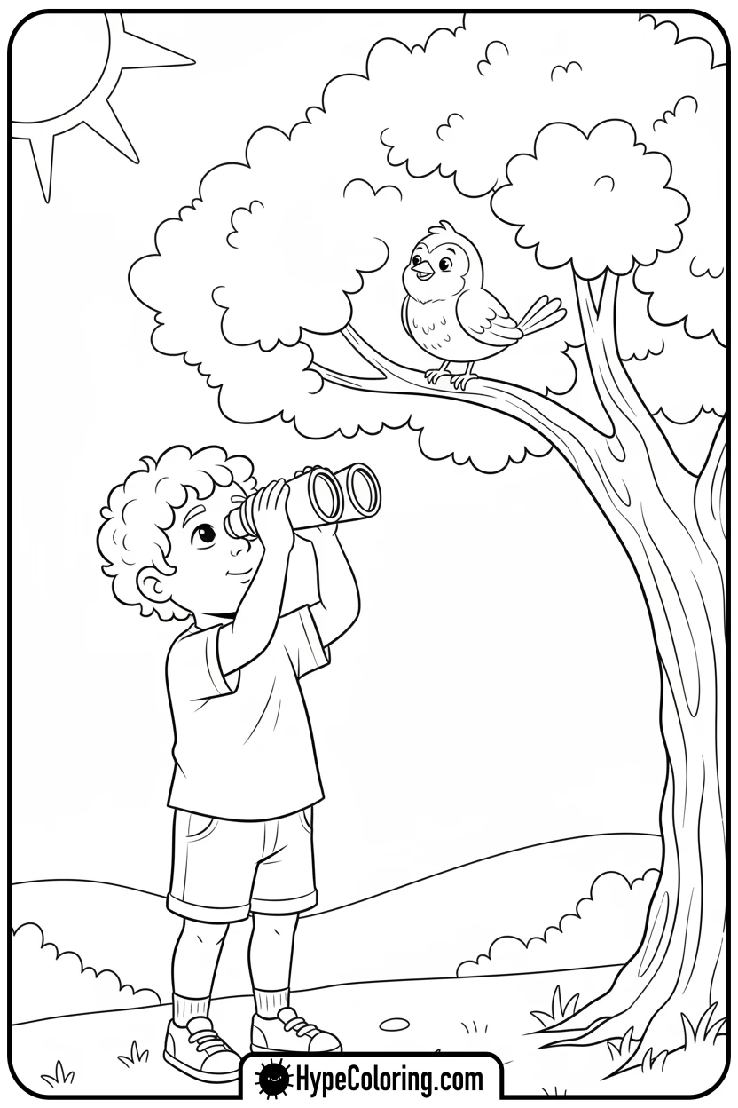 child-birdwatching - camping coloring pages