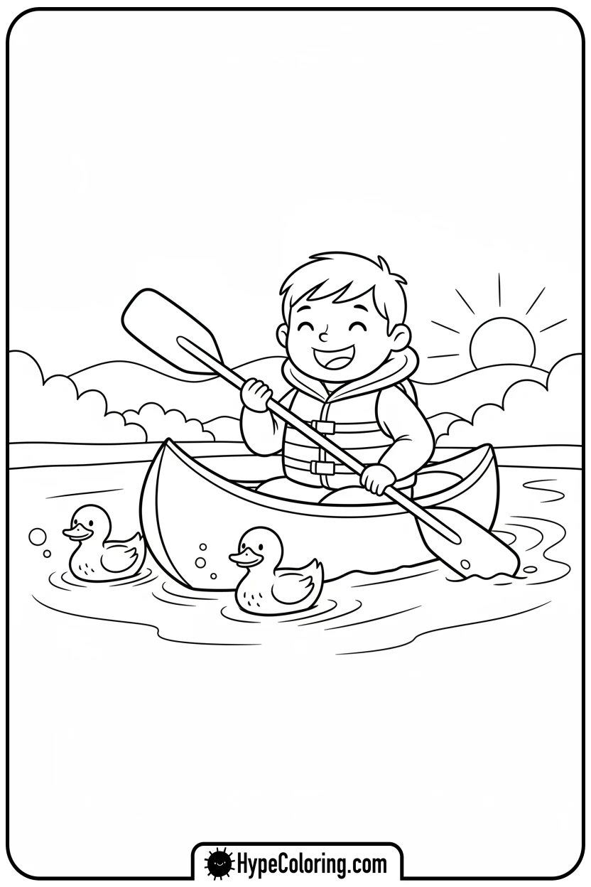 child-canoeing-on-river - camping coloring pages