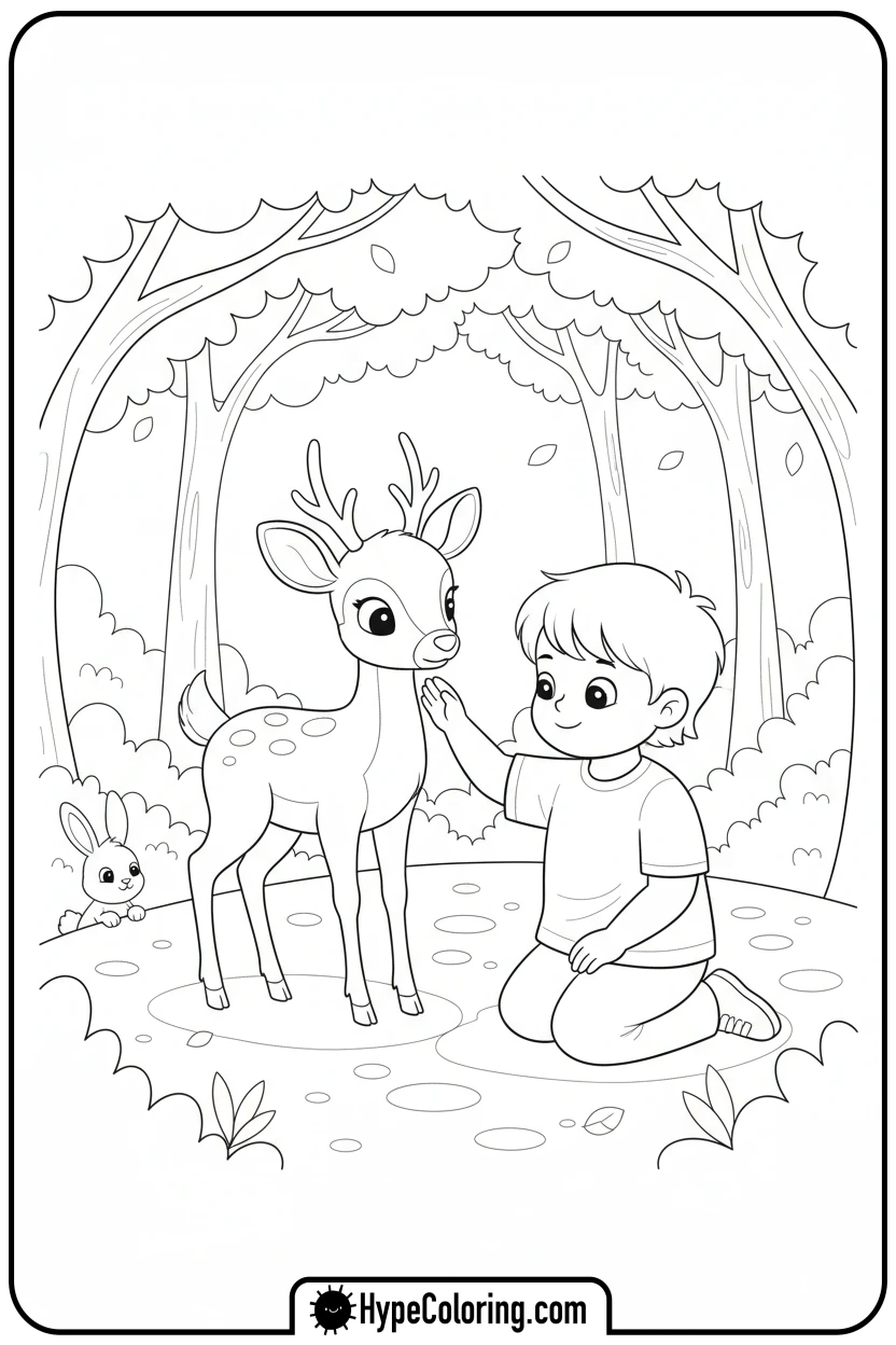 child-petting-a-deer - camping coloring pages