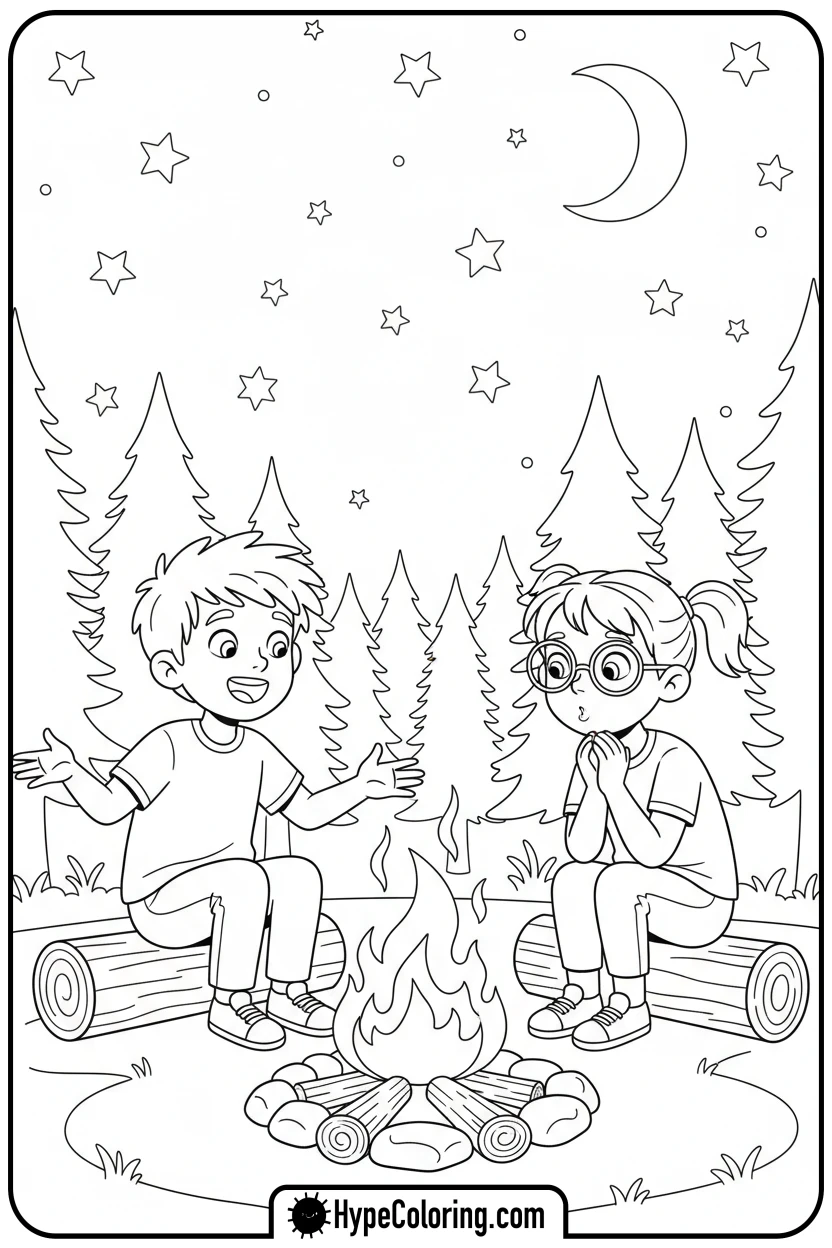 children-telling-campfire-stories - camping coloring pages