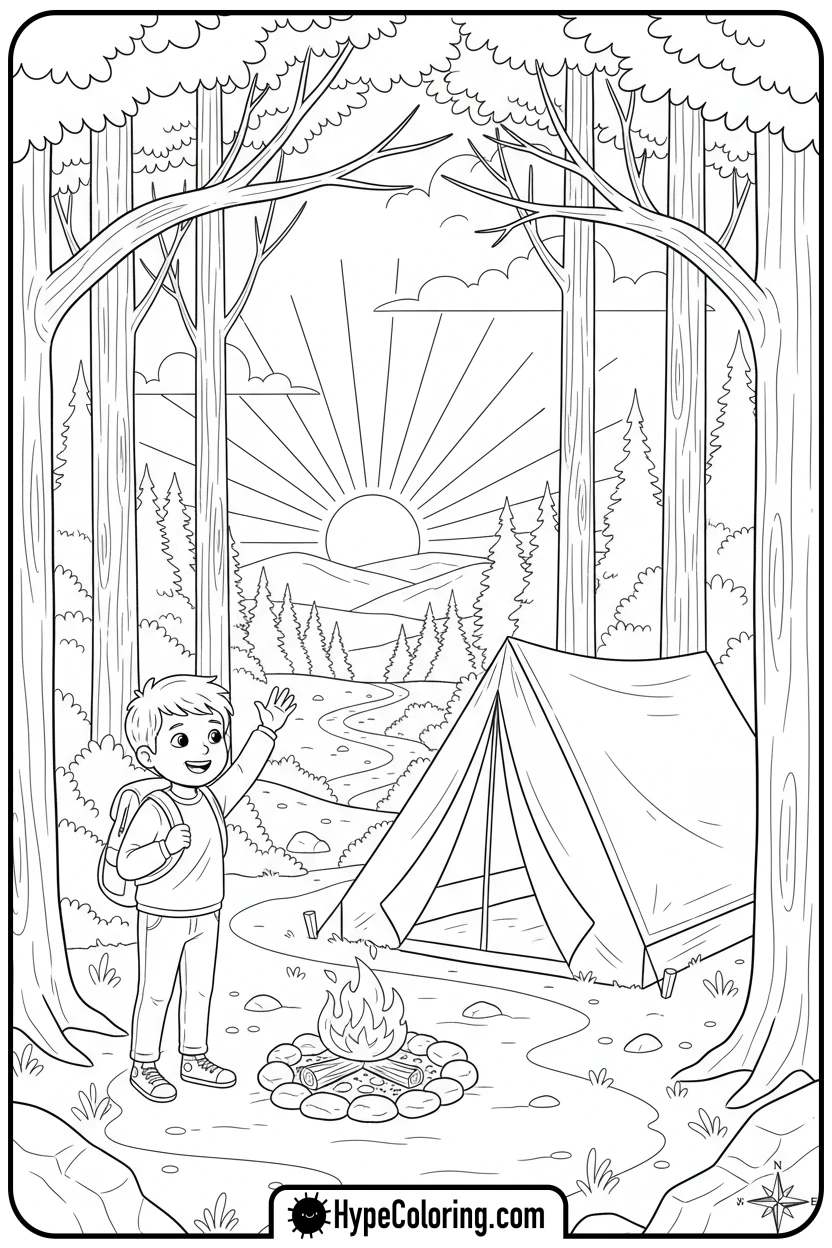 child-waving-goodbye-to-campsite - camping coloring pages