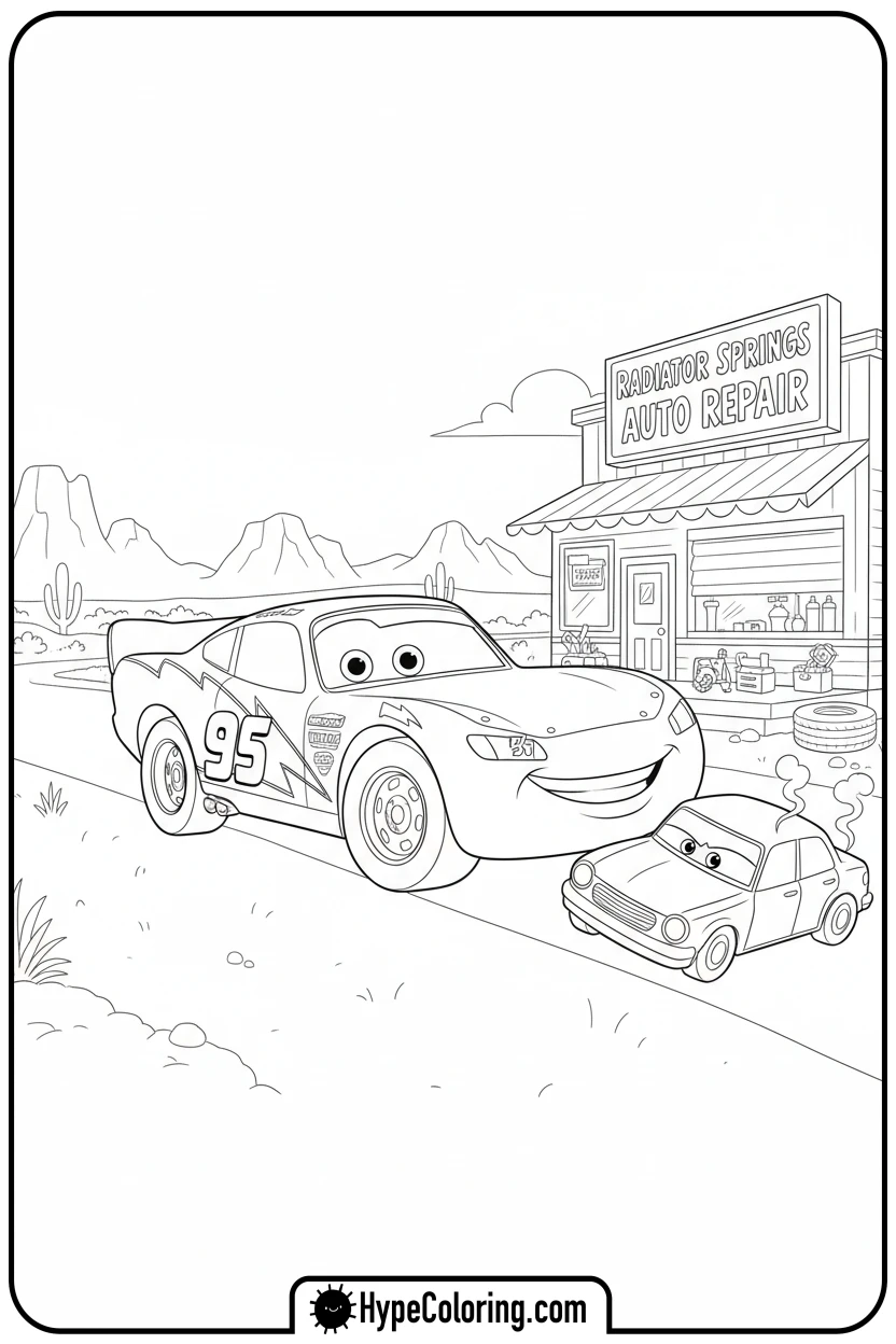 Click to download PDF lightning-mcqueen-helping-car - cars lightning mcqueen coloring pages