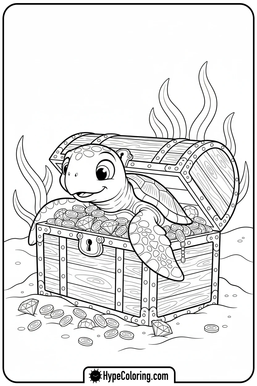 turtle-finding-treasure-chest - turtle coloring pages​