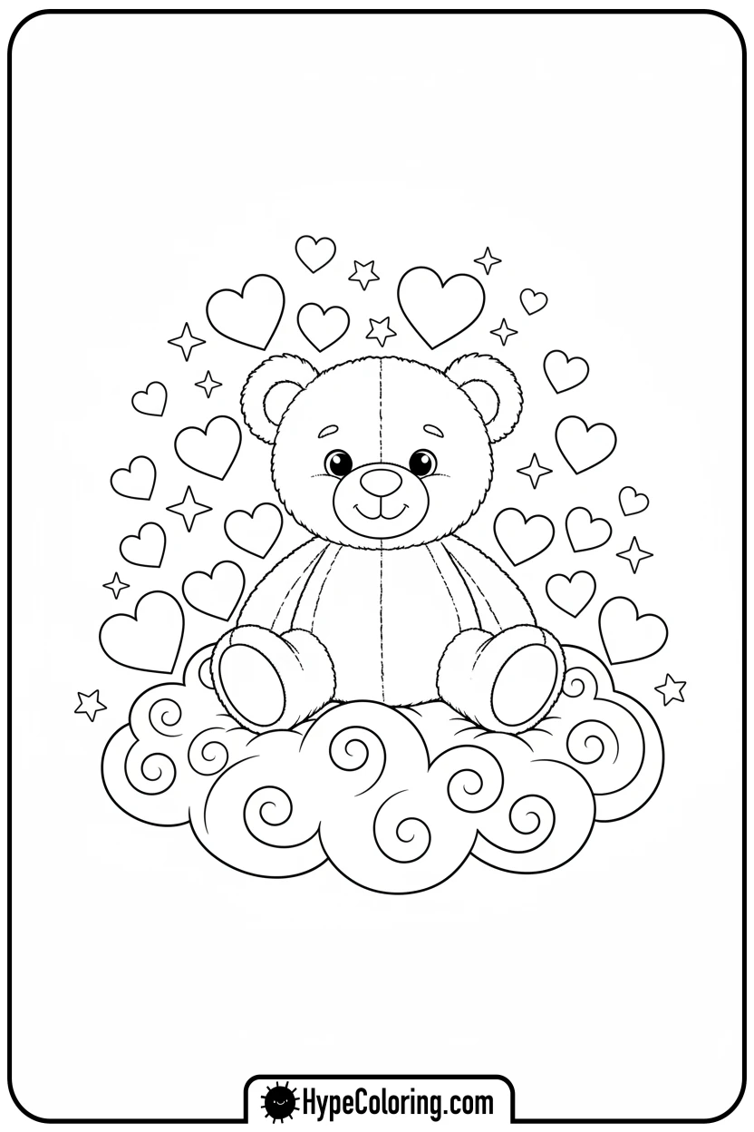 teddy-bear-on-cloud-with-hearts - cute valentine coloring pages