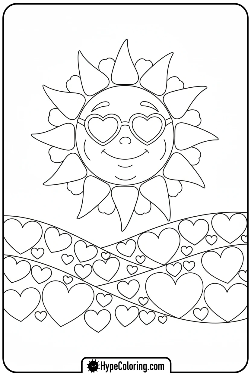 smiling-sun-with-heart-rays - cute valentine coloring pages