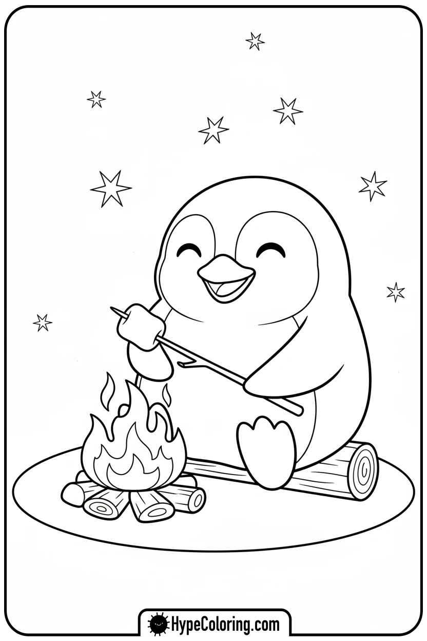 penguin-roasting-marshmallow-by-campfire - penguin coloring pages