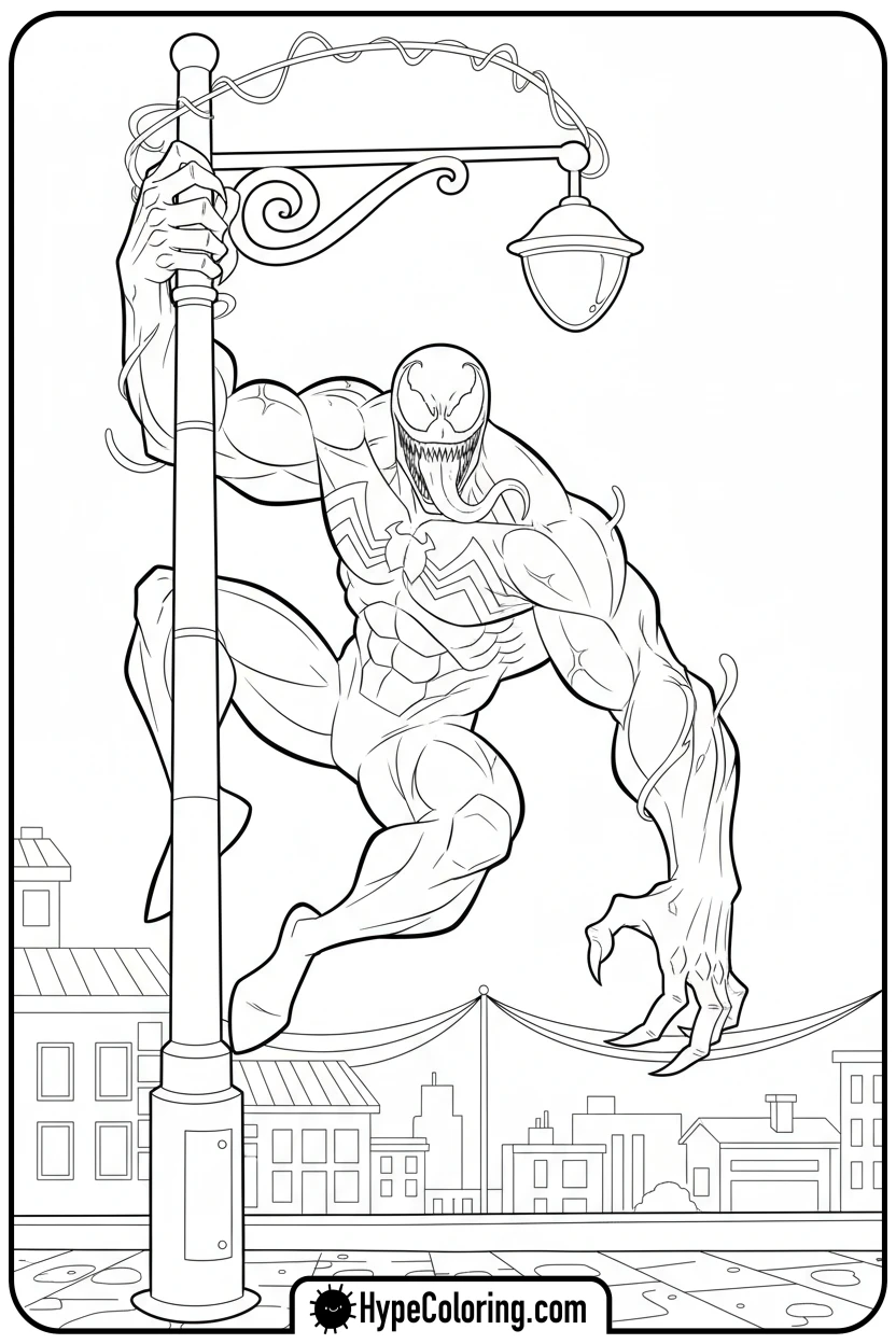 venom-swinging-from-lamp - venom coloring pages​