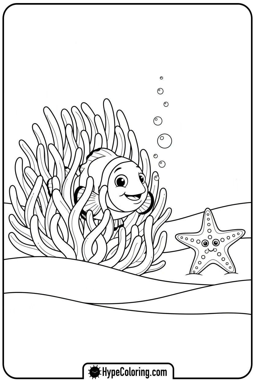 clownfish-peeking-from-anemone - coloring page of ocean animals​