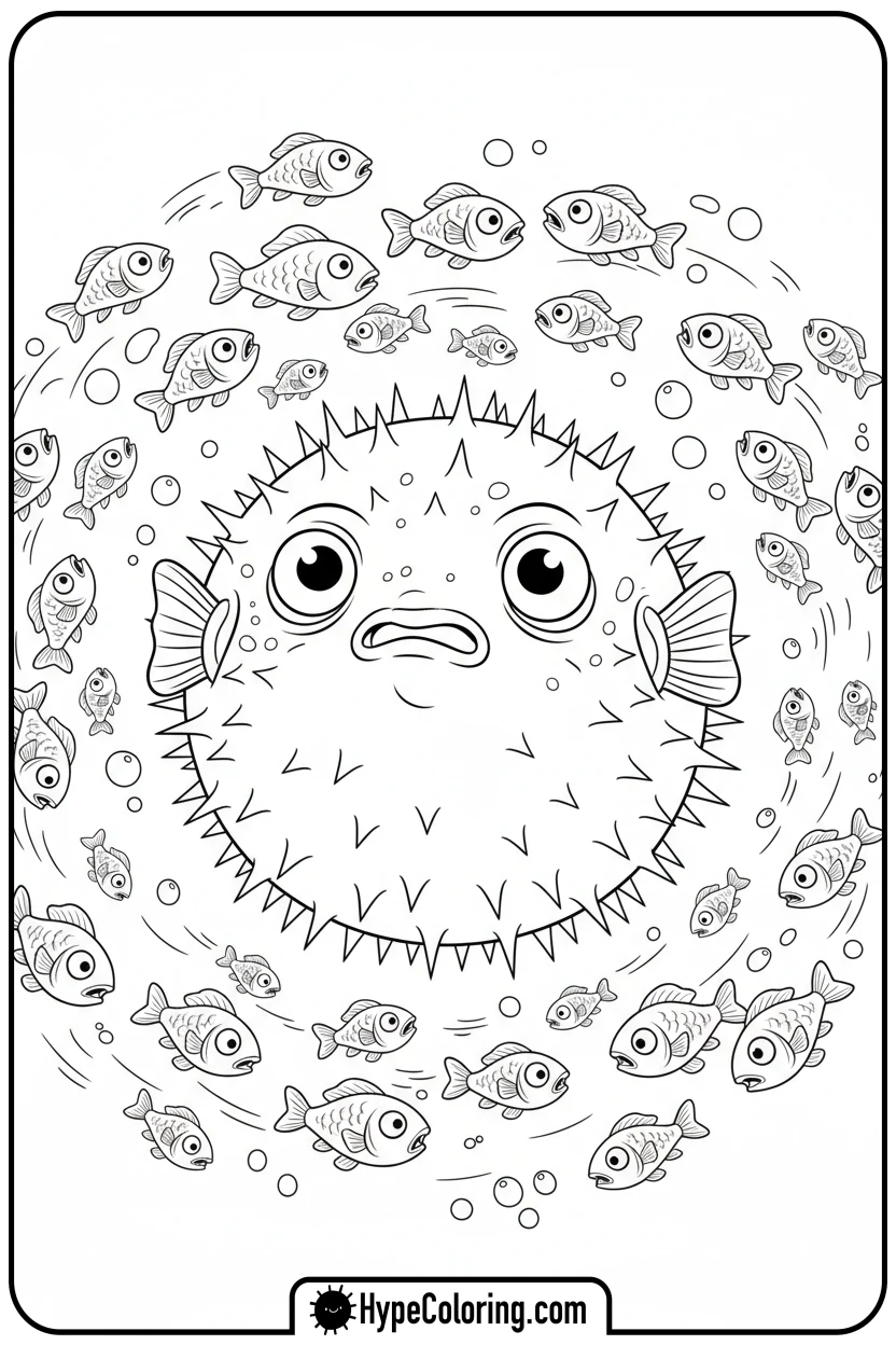 puffed-pufferfish-with-fish - coloring page of ocean animals​