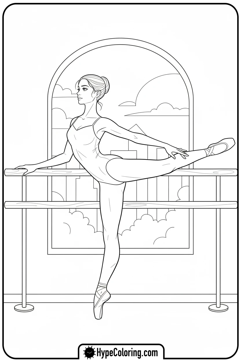 ballerina-stretching-at-barre - ballet coloring pages