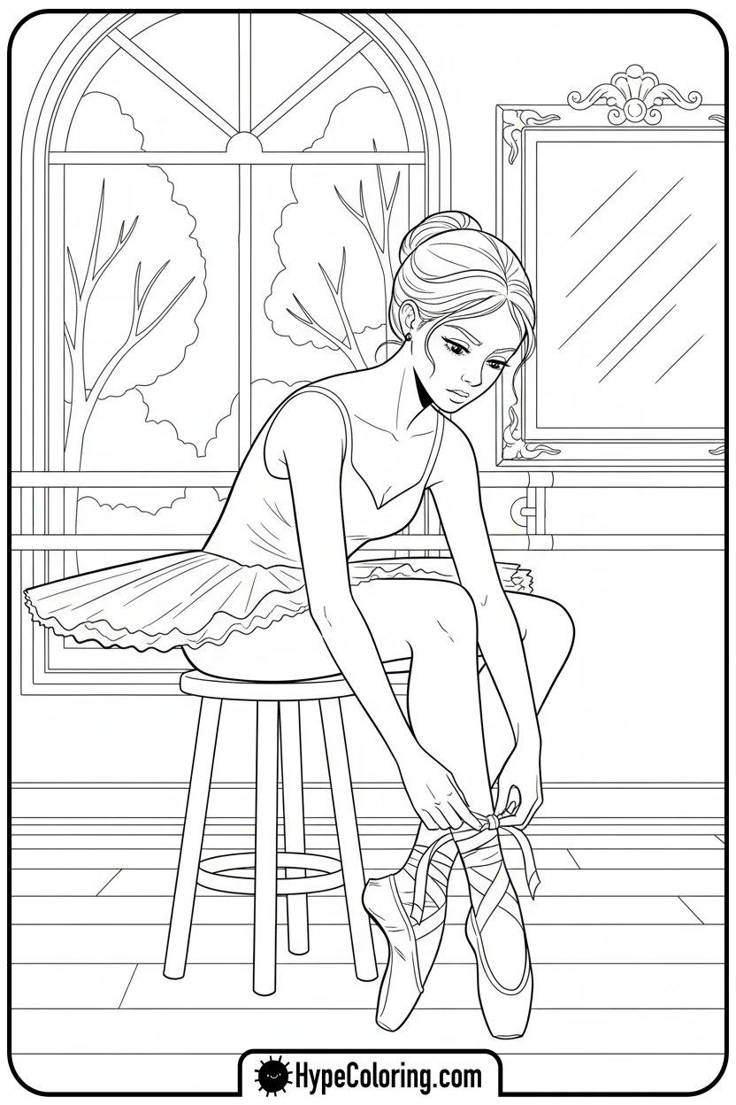 ballerina-tying-pointe-shoes - ballet coloring pages