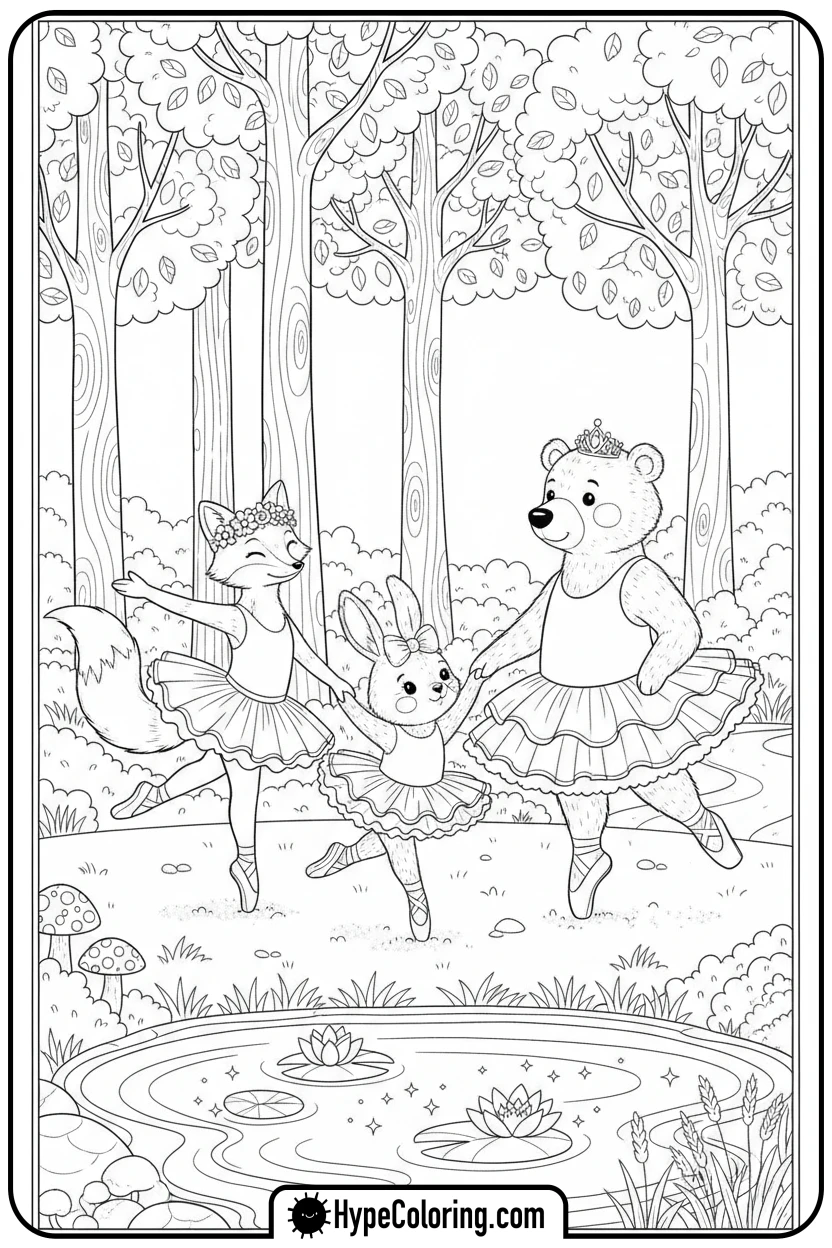 animal-ballerinas-in-forest - ballet coloring pages
