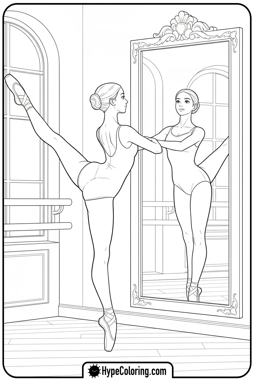 ballerina-practicing-with-mirror - ballet coloring pages