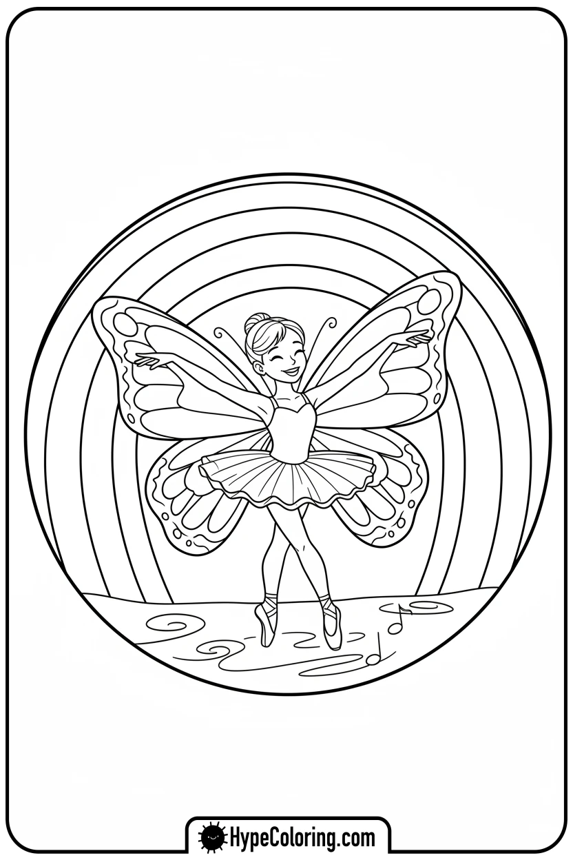 ballerina-with-butterfly-under-rainbow - ballet coloring pages