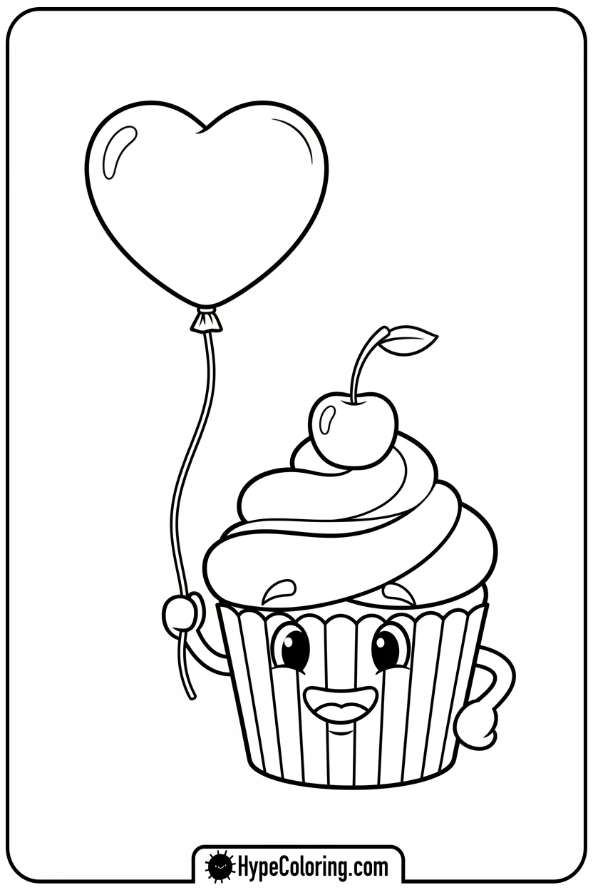 cupcake-holding-balloon - cake coloring page
