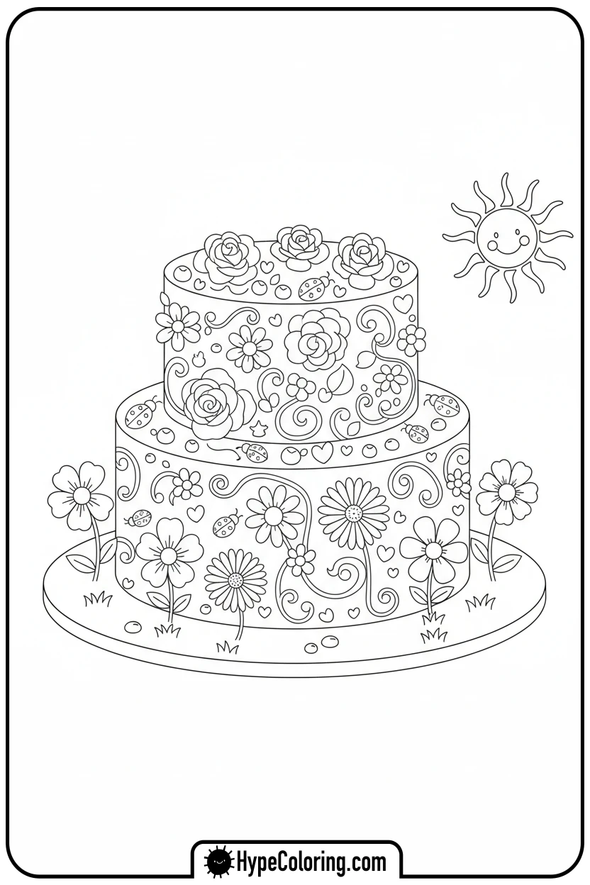 garden-cake-with-flowers - cake coloring page