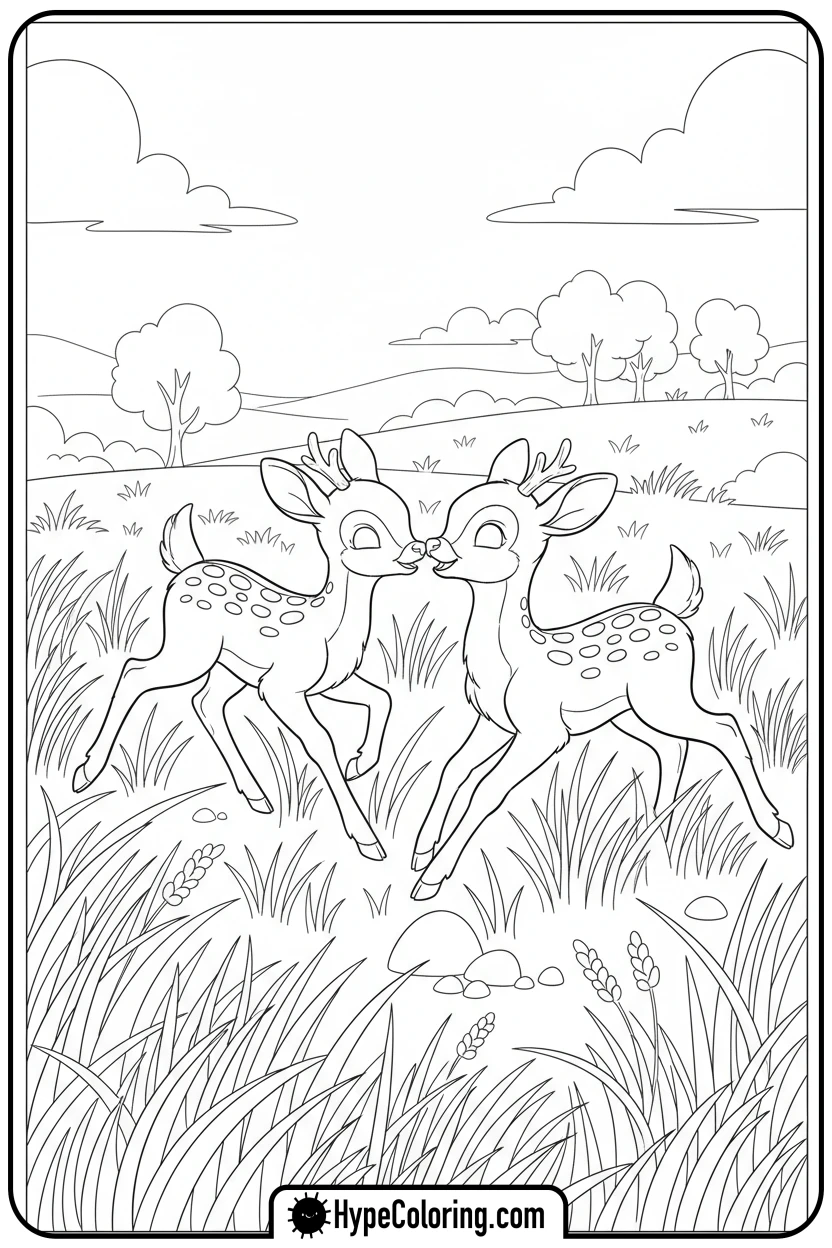 two-fawns-playing - deer coloring pages​
