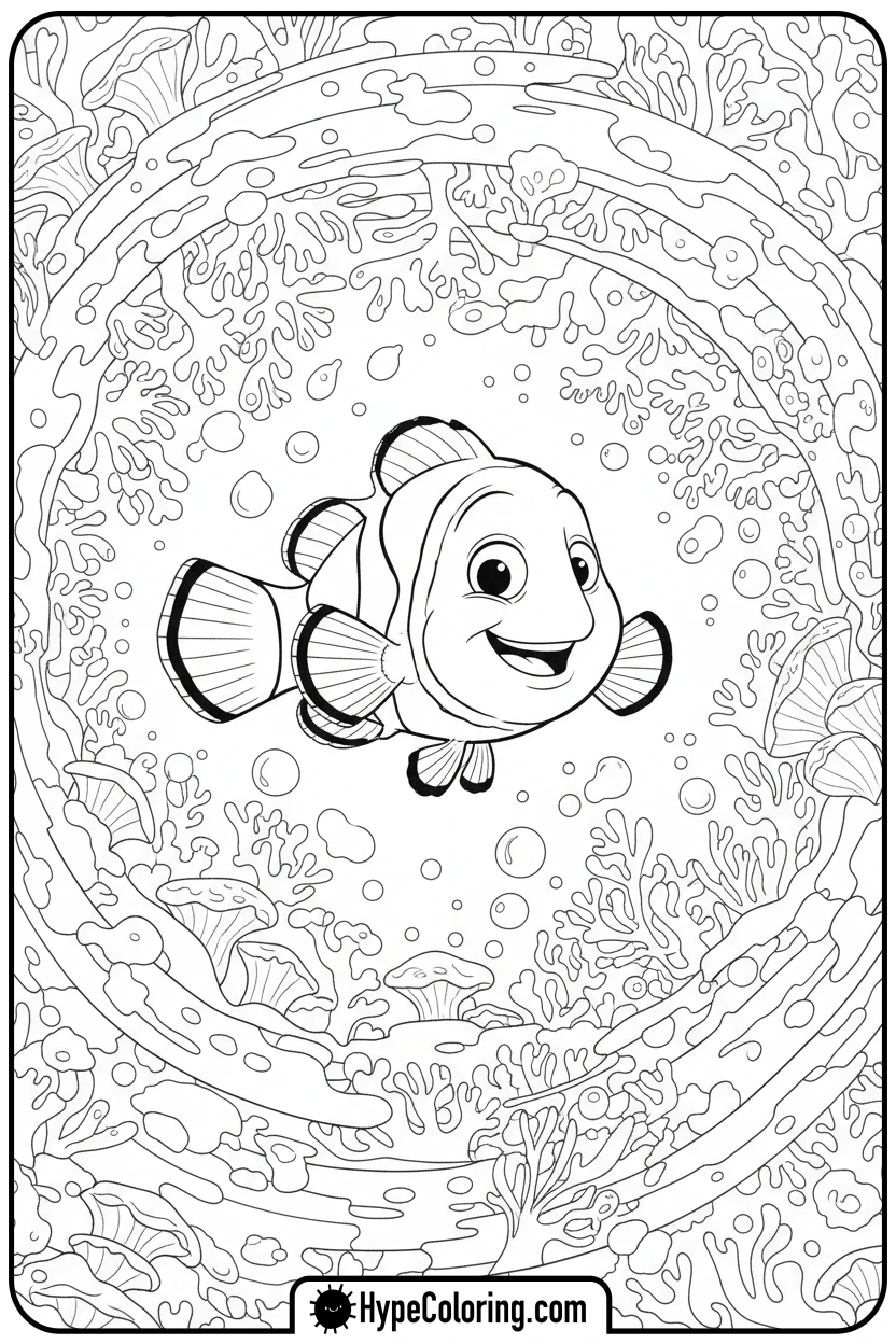 nemo-swimming-happily-in-coral - nemo coloring pages