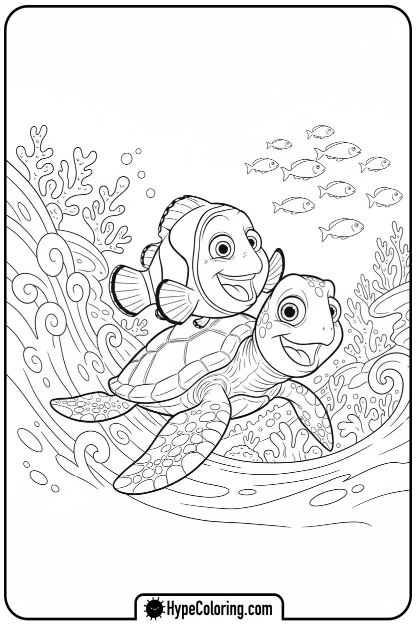 nemo-riding-squirt - nemo coloring pages