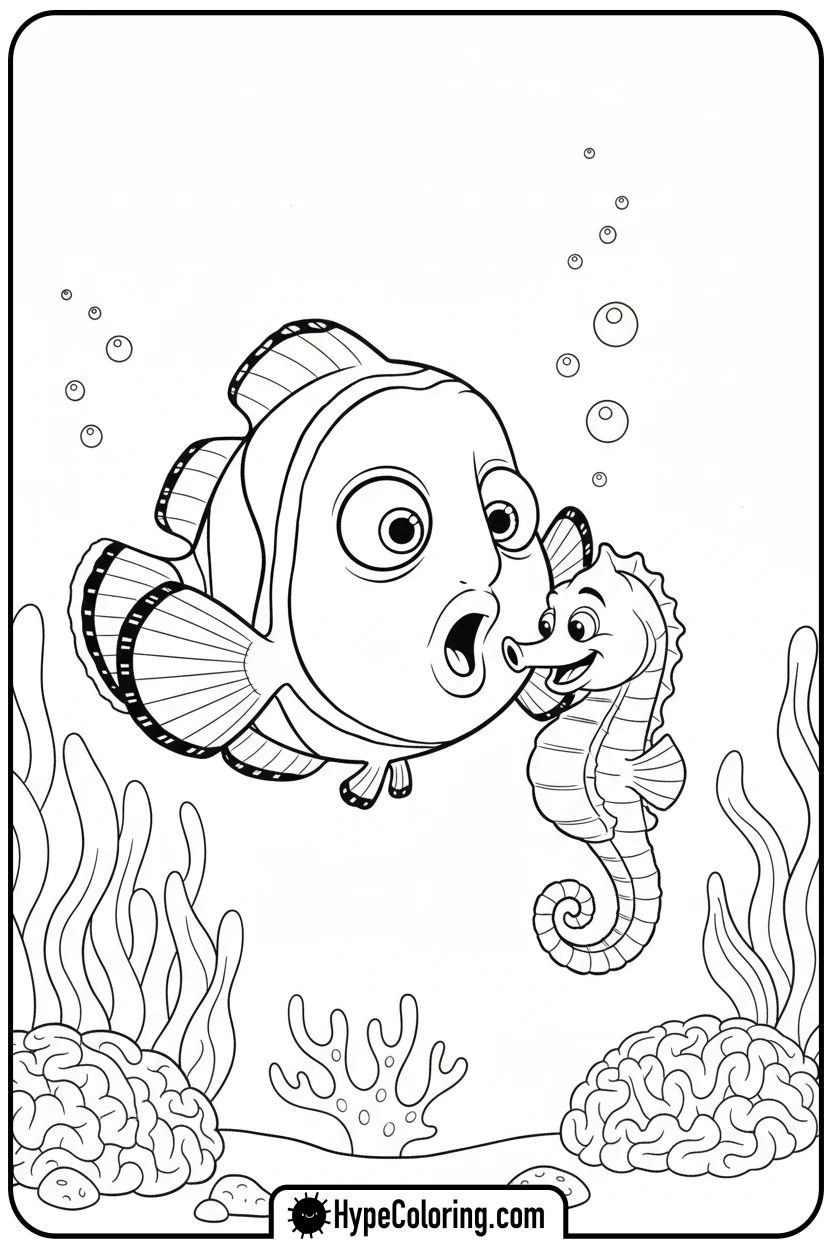 nemo-surprised-by-seahorse - nemo coloring pages
