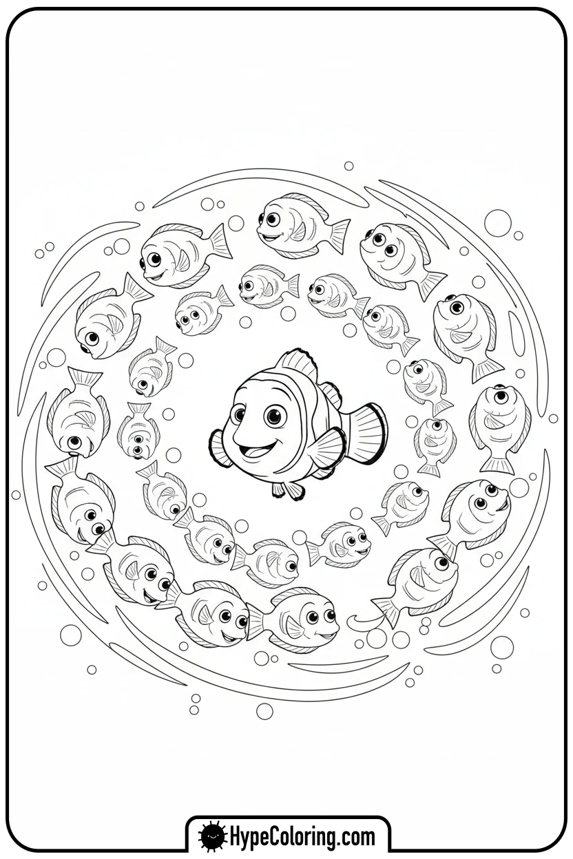 nemo-with-school-of-fish - nemo coloring pages