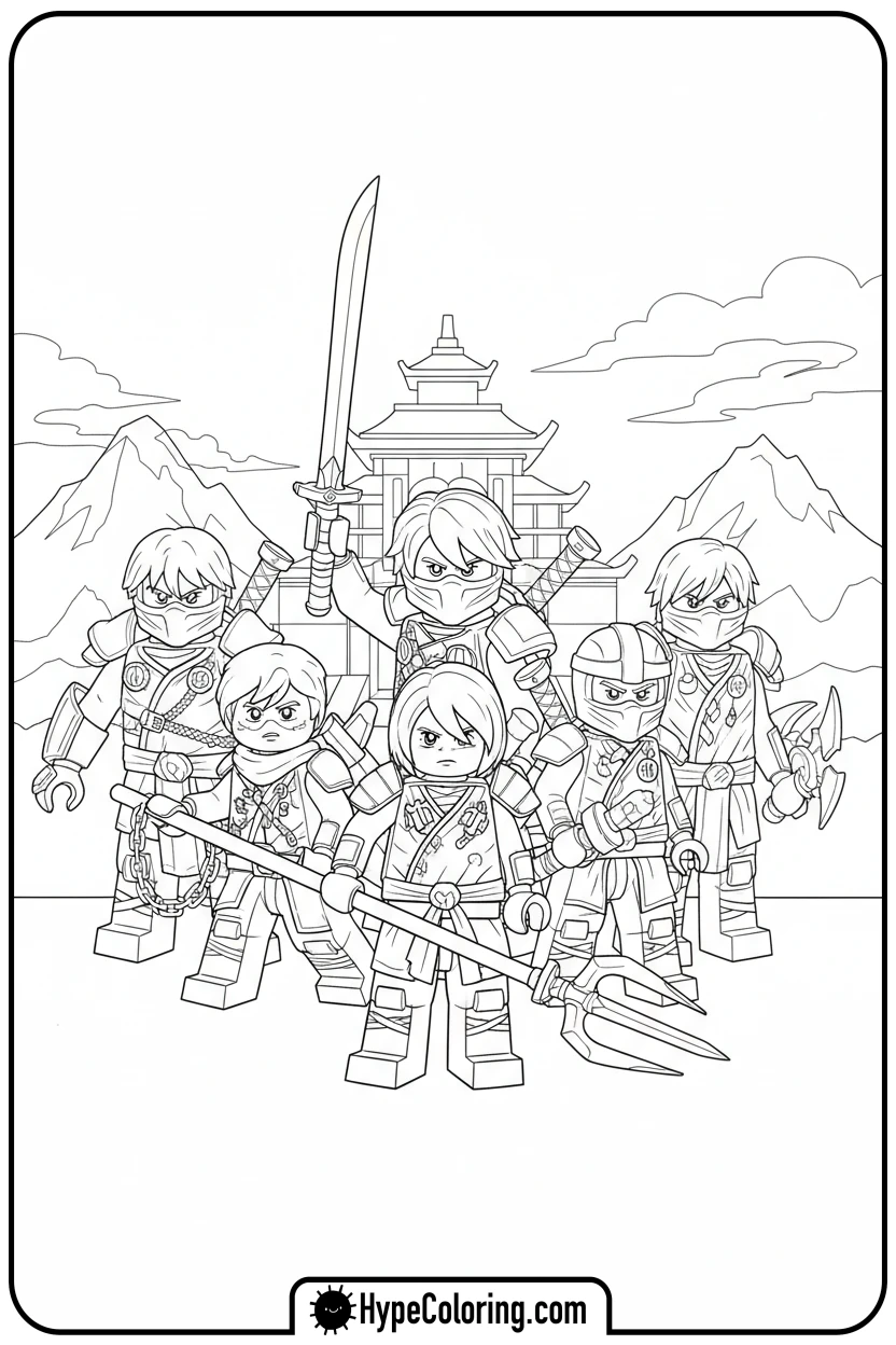Click to download PDF ninjago-team-group-pose - ninjago coloring pages