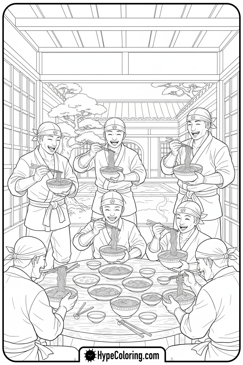 Click to download PDF ninjas-eating-noodles - ninjago coloring pages