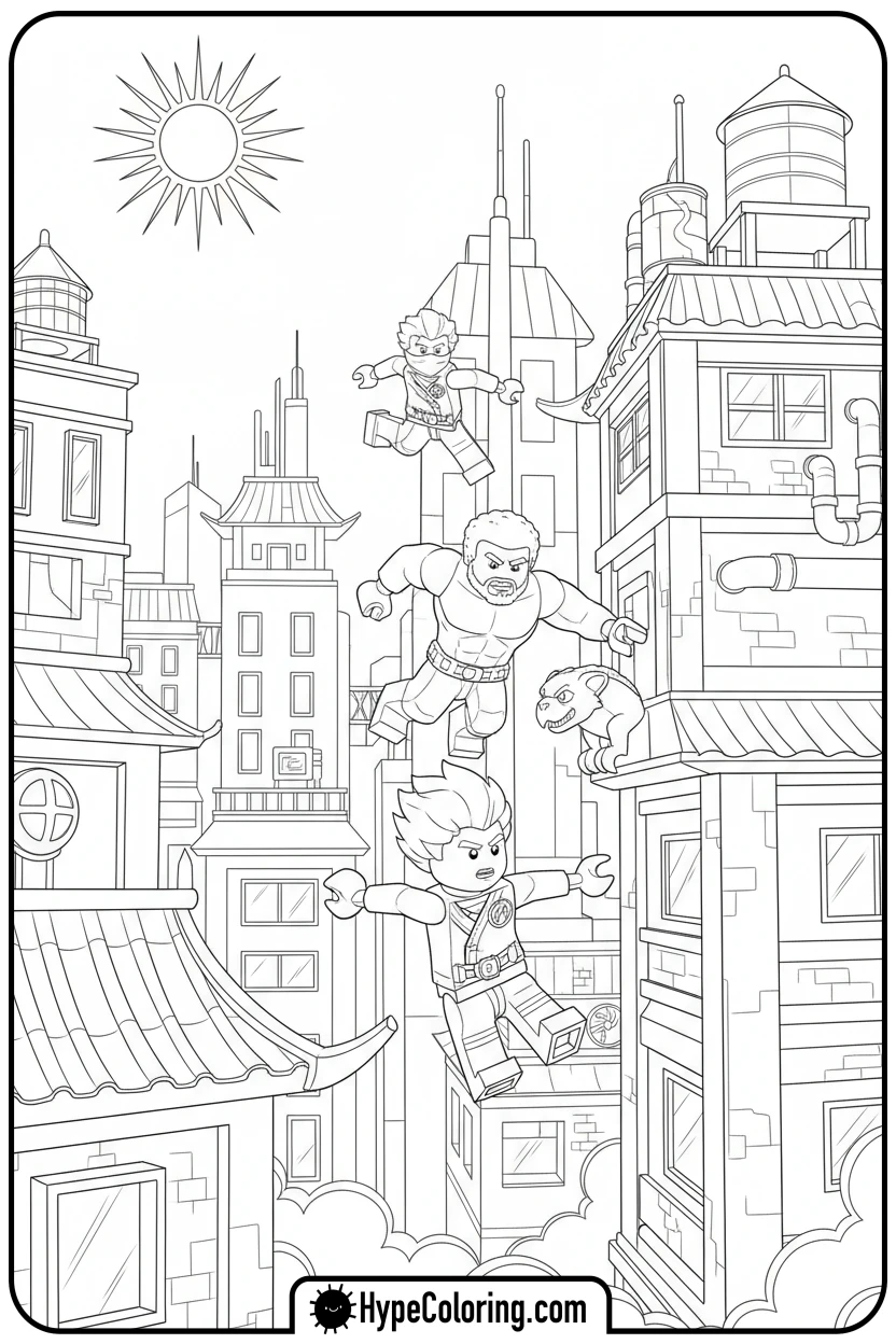 Click to download PDF ninjas-parkouring-rooftops - ninjago coloring pages