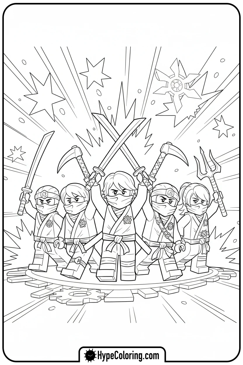 Click to download PDF ninjago-team-celebrating-victory - ninjago coloring pages