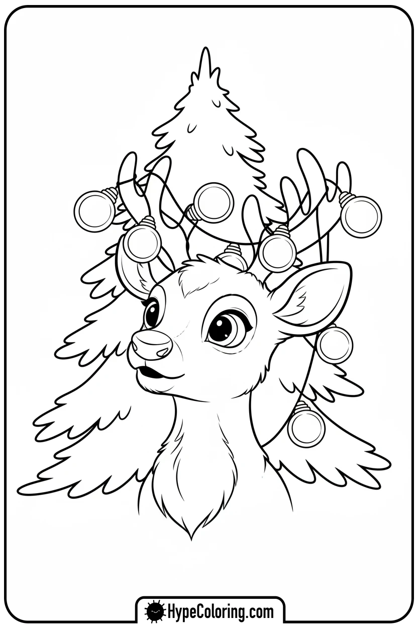 reindeer-with-fairy-lights - reindeer coloring page