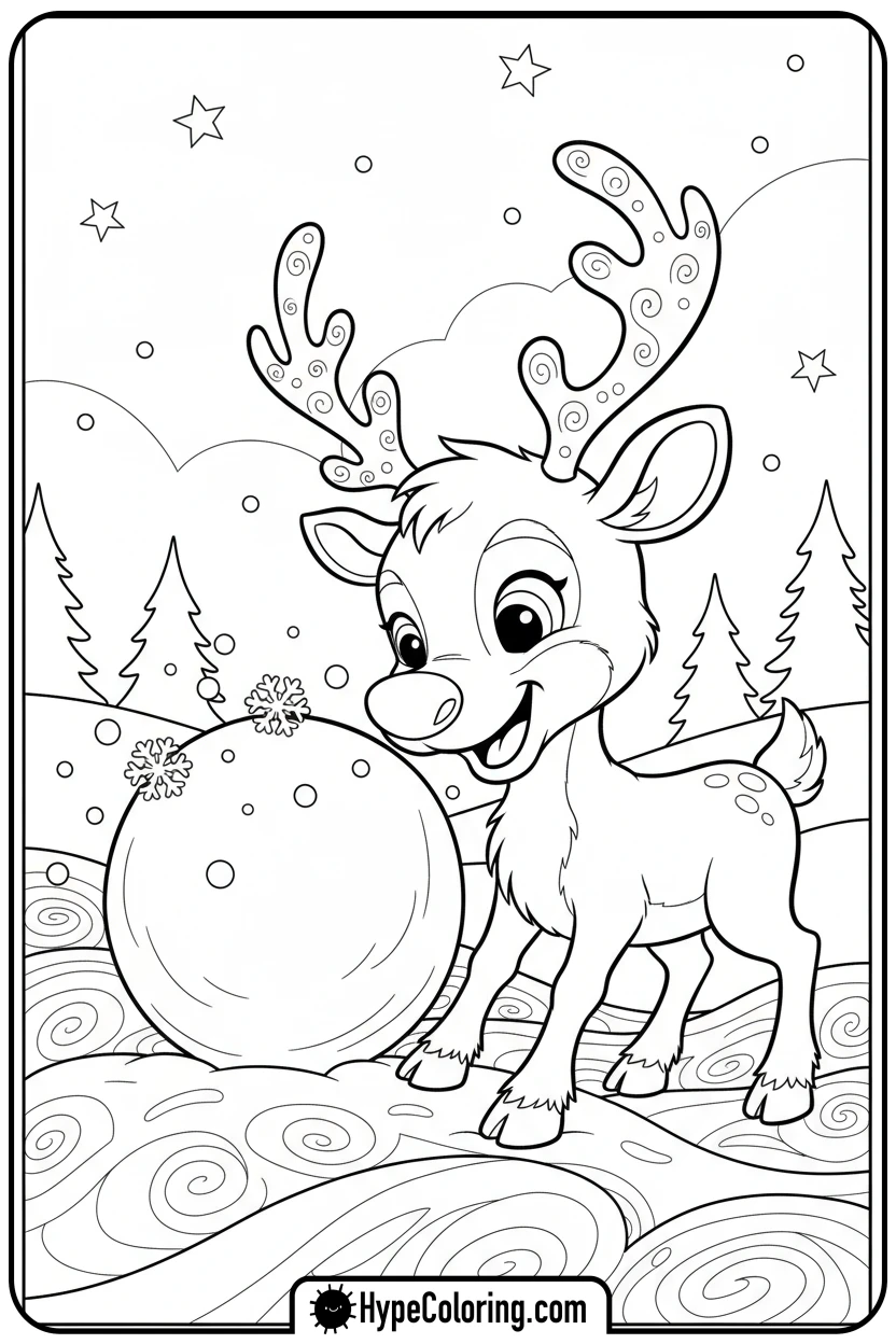 reindeer-playing-with-snowball - reindeer coloring page