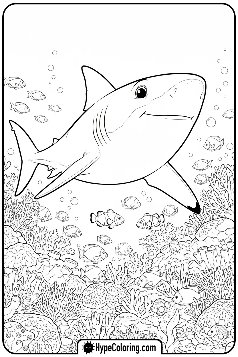 Click to download PDF friendly-shark-in-coral-reef - shark coloring page