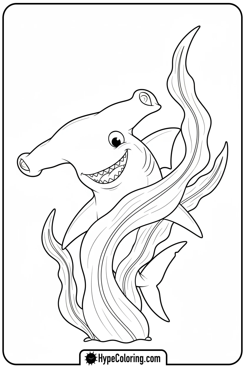 Click to download PDF hammerhead-shark-peeking-from-kelp - shark coloring page