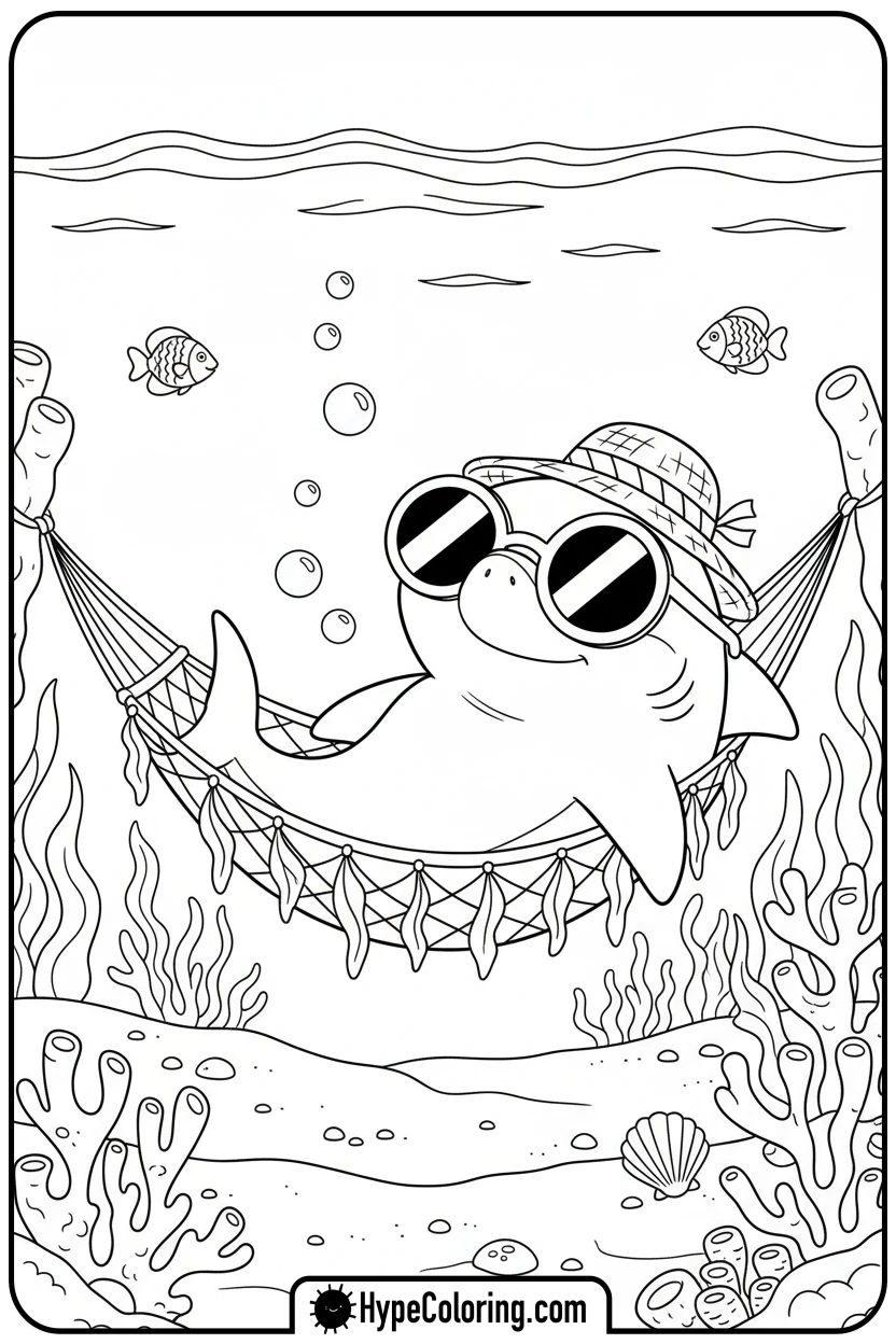 Click to download PDF shark-relaxing-in-hammock - shark coloring page