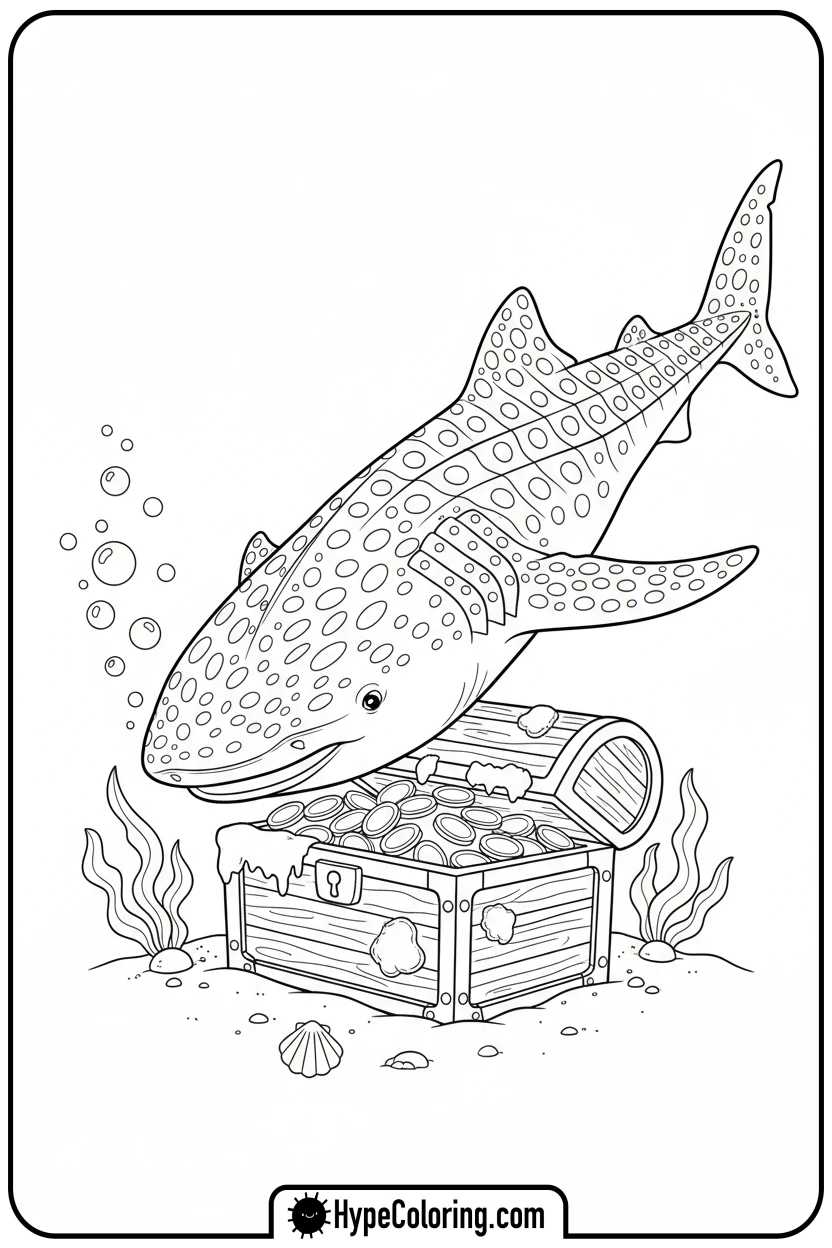 Click to download PDF whale-shark-finds-treasure - shark coloring page