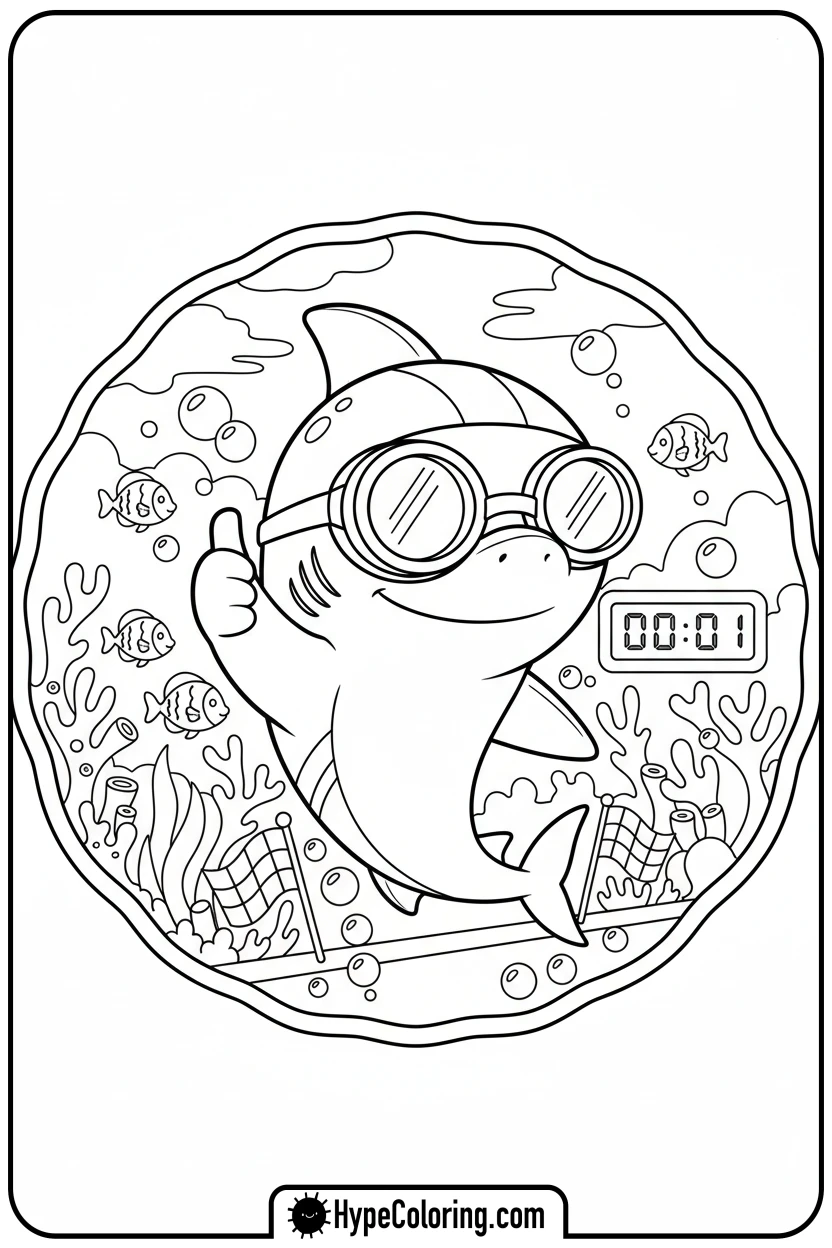 Click to download PDF sporty-shark-ready-to-race - shark coloring page