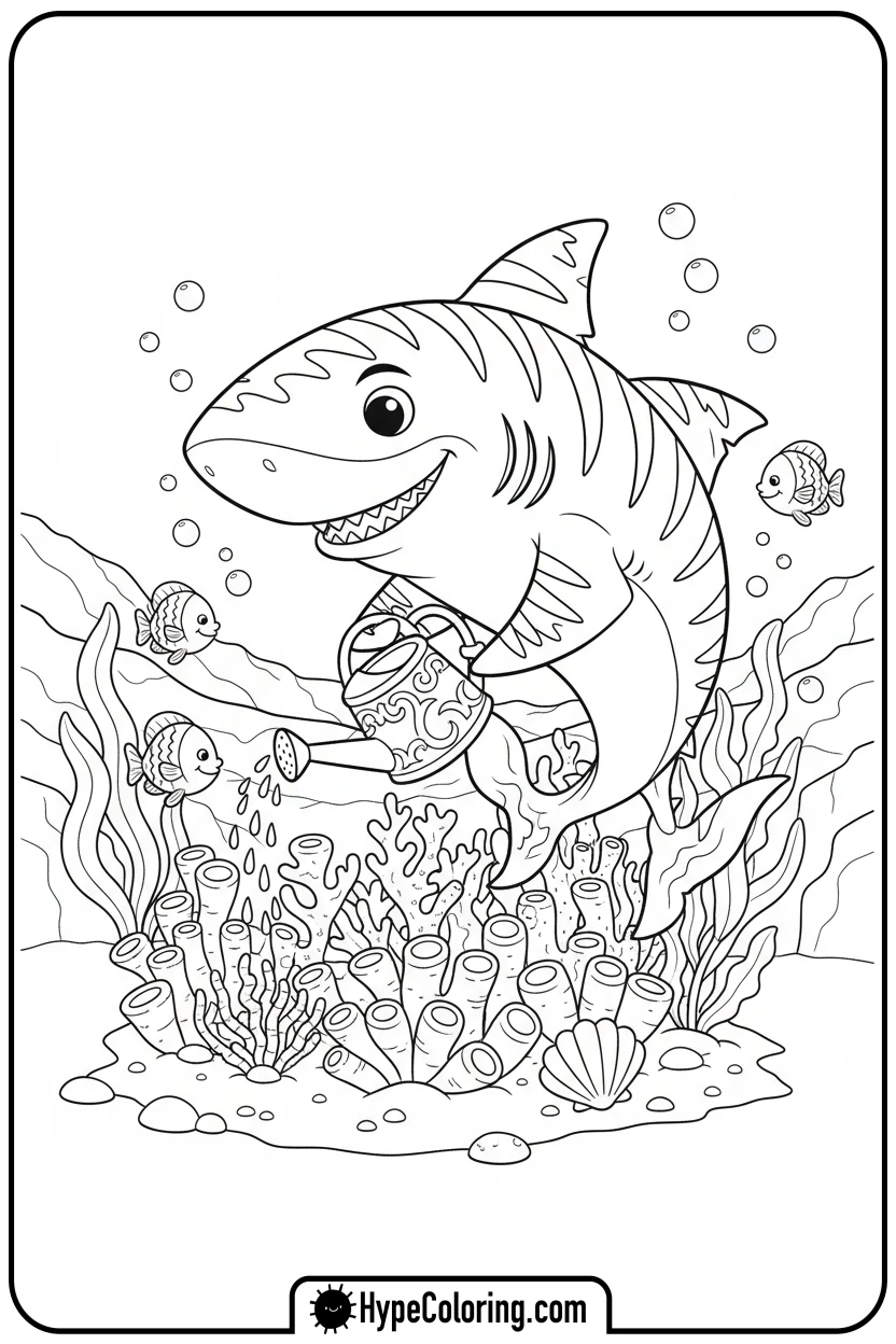 Click to download PDF tiger-shark-watering-garden - shark coloring page