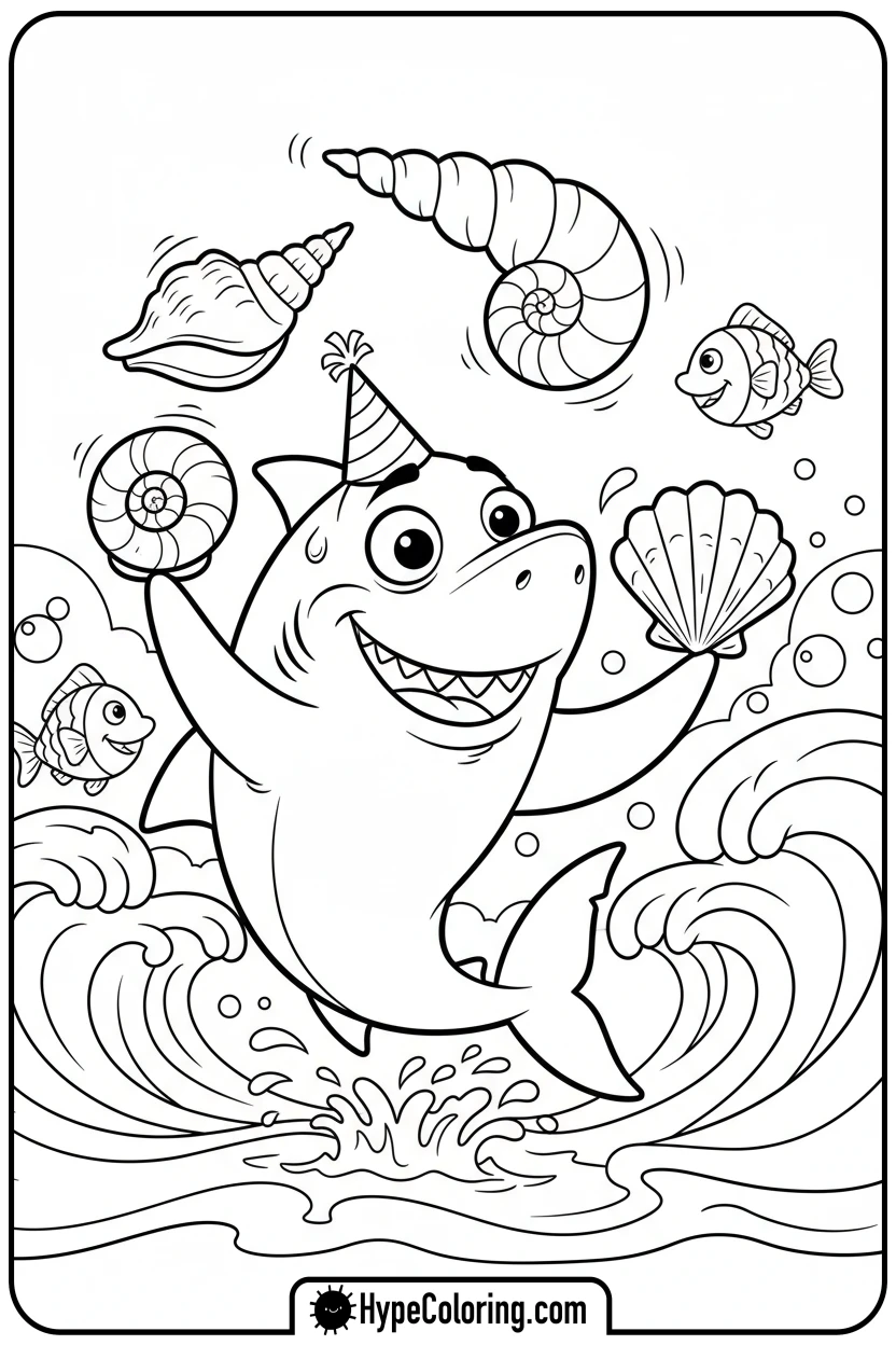 Click to download PDF shark-juggling-seashells - shark coloring page